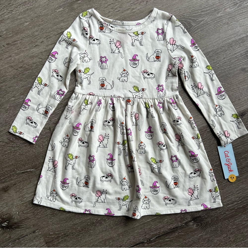 NWT Kids Girls 4T Cat & Jack Halloween Dog Cat Long Sleeve Cotton Blend Dress